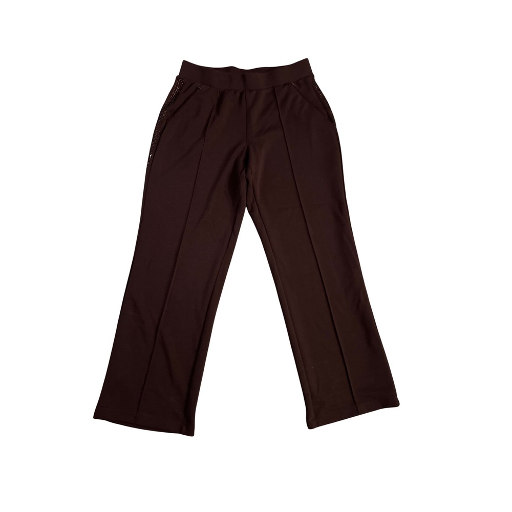 Elie Elie Tahari Brown Wide Leg Rhinestone Trim Pintuck Pull On Pants Large